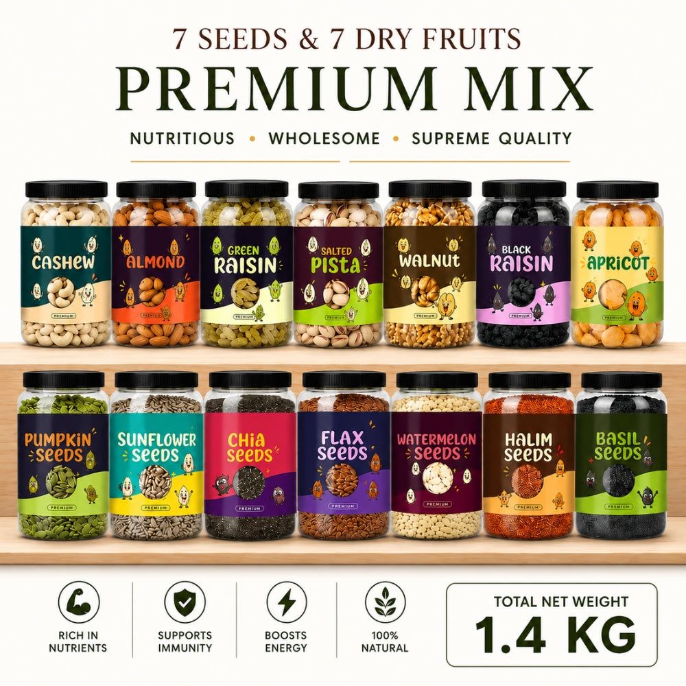 7 Seeds & 7 Dry Fruits Mix | Cashew, Almonds, Raisins, Pista, Walnut, Black Raisins, Apricots with Pumpkin, Sunflower, Chia, Flax, Watermelon, Basil & Halim Seeds | Premium Healthy Combo