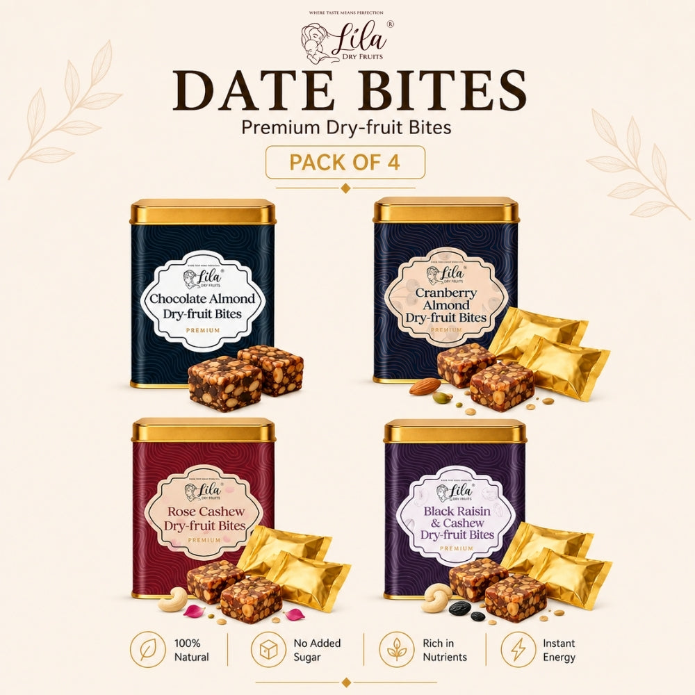 Lila Dry Fruits Date Bites Chocolate Almond, Cranberry Almond, Rose Cashew & Black Raisin Cashew (Pack of 4)