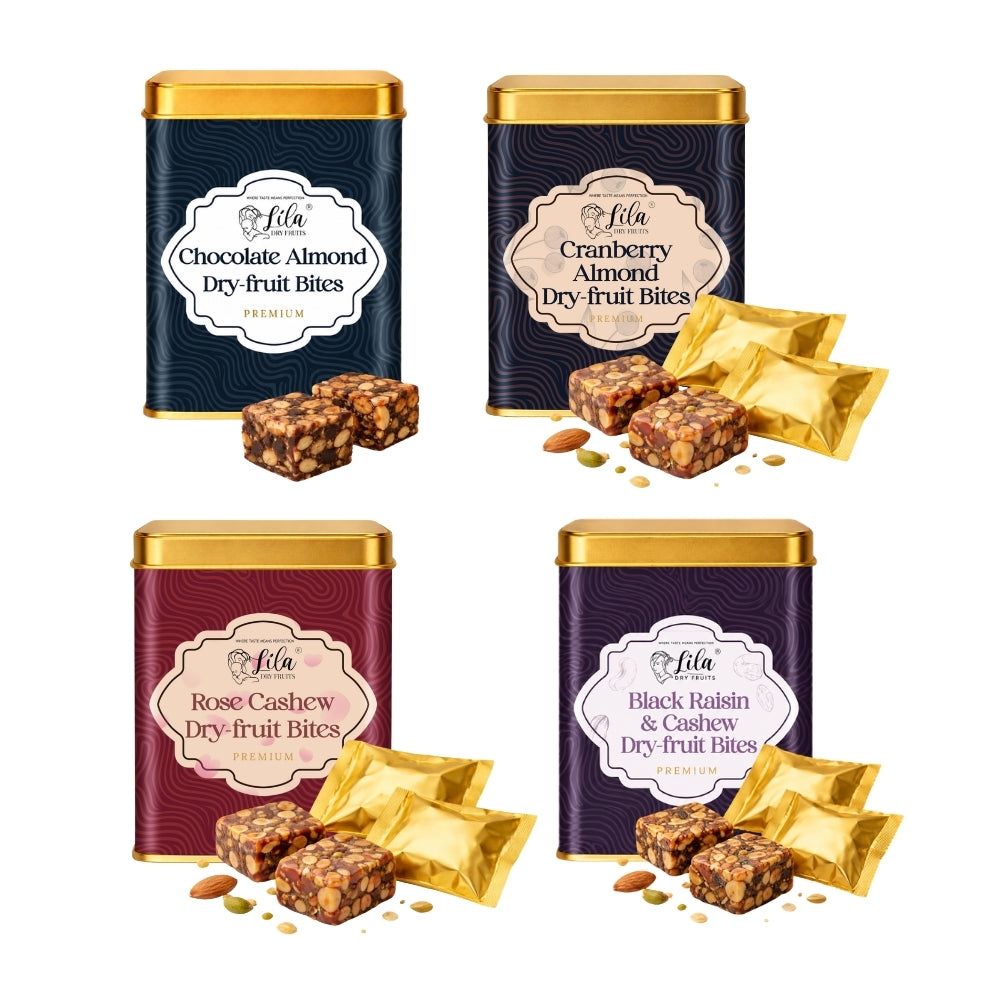 Lila Dry Fruits Date Bites Chocolate Almond, Cranberry Almond, Rose Cashew & Black Raisin Cashew (Pack of 4)
