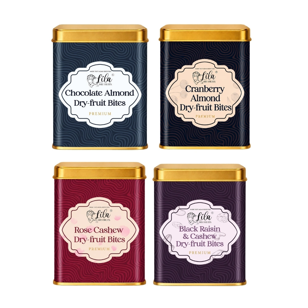 Lila Dry Fruits Date Bites Chocolate Almond, Cranberry Almond, Rose Cashew & Black Raisin Cashew (Pack of 4)
