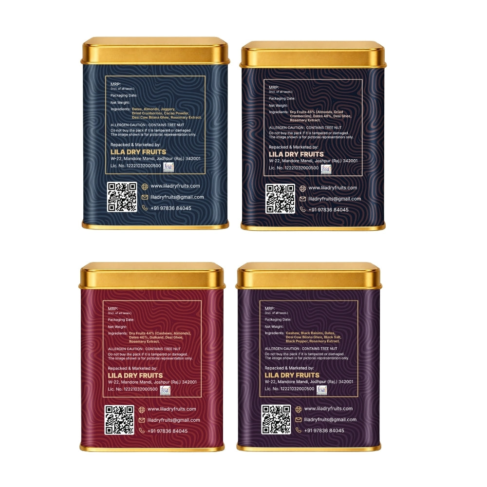 Lila Dry Fruits Date Bites Chocolate Almond, Cranberry Almond, Rose Cashew & Black Raisin Cashew (Pack of 4)
