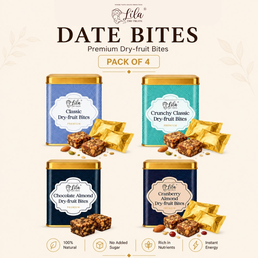 Lila Dry Fruits Date Bites Classic, Crunchy Classic, Chocolate Almond & Cranberry Almond (Pack of 4)