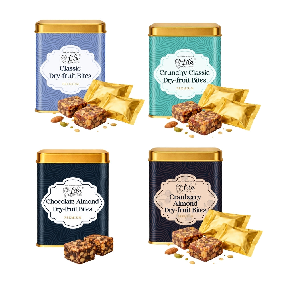 Lila Dry Fruits Date Bites Classic, Crunchy Classic, Chocolate Almond & Cranberry Almond (Pack of 4)