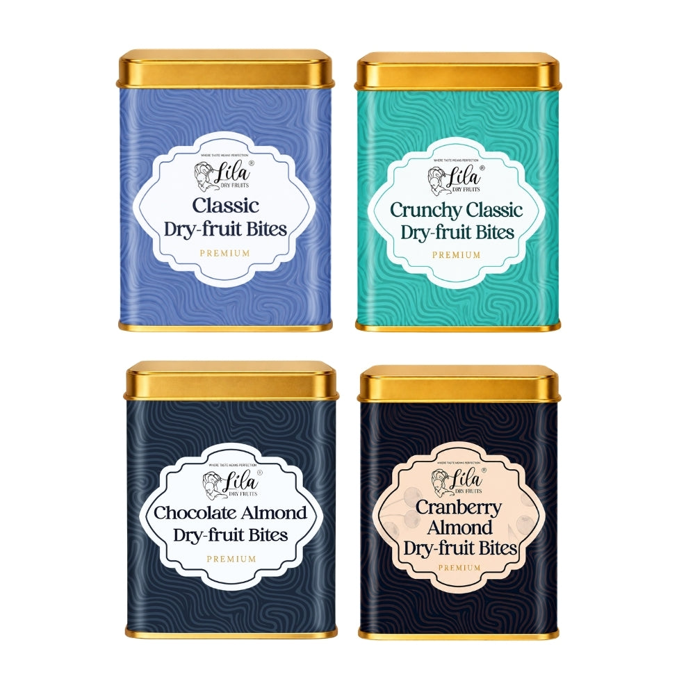 Lila Dry Fruits Date Bites Classic, Crunchy Classic, Chocolate Almond & Cranberry Almond (Pack of 4)