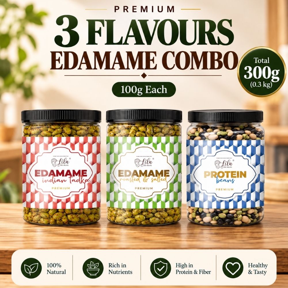 Lila Dry Fruits Premium Edamame 3 Flavours Combo – Indian Tadka, Roasted & Salted & Protein Beans (Pack of 3, 100g Each)