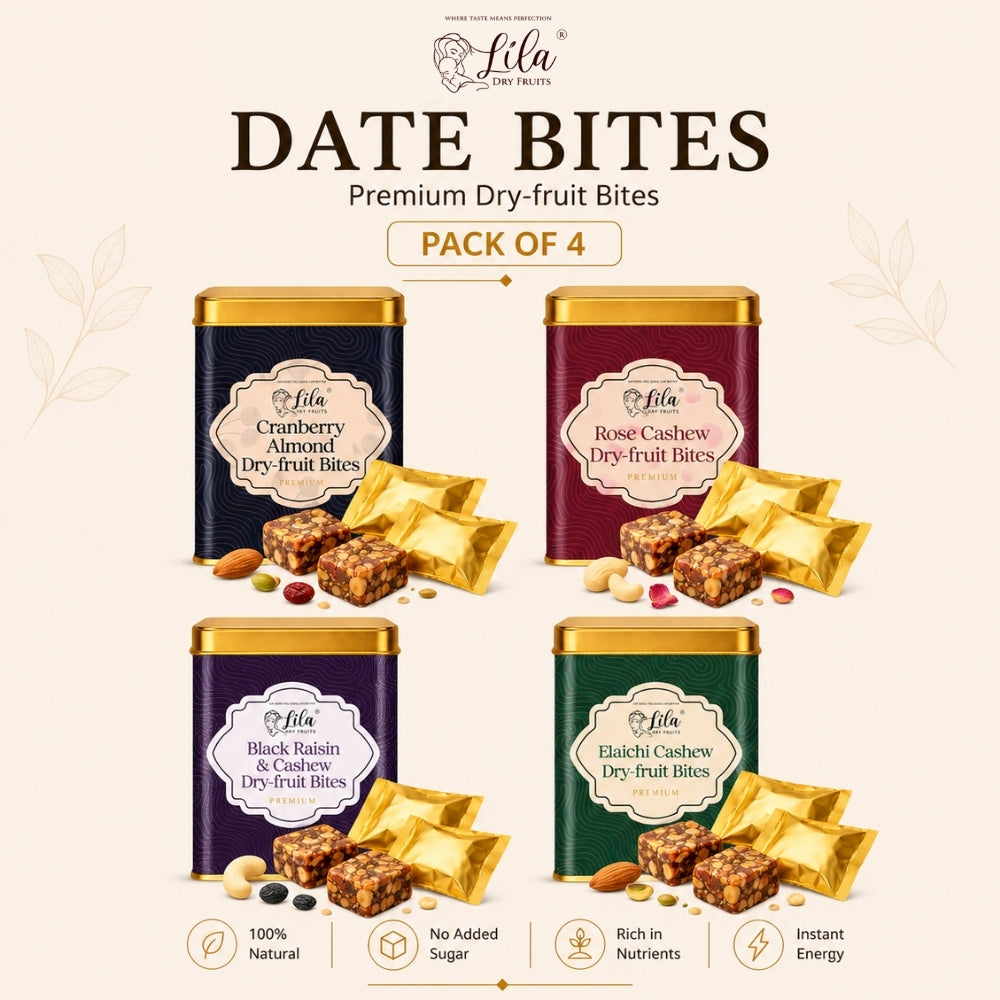 Lila Dry Fruits Date Bites Cranberry Almond, Rose Cashew, Black Raisin Cashew & Elaichi Cashew (Pack of 4)