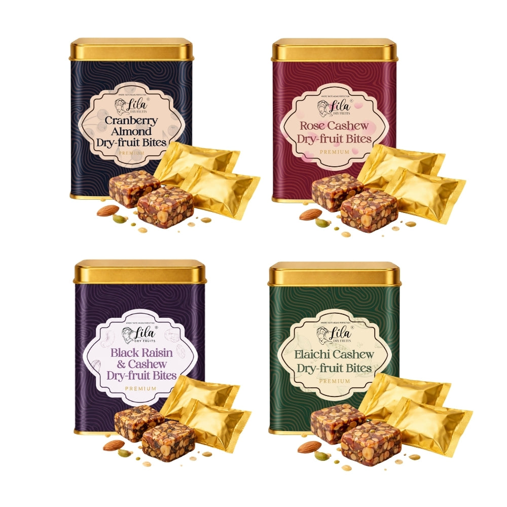 Lila Dry Fruits Date Bites Cranberry Almond, Rose Cashew, Black Raisin Cashew & Elaichi Cashew (Pack of 4)