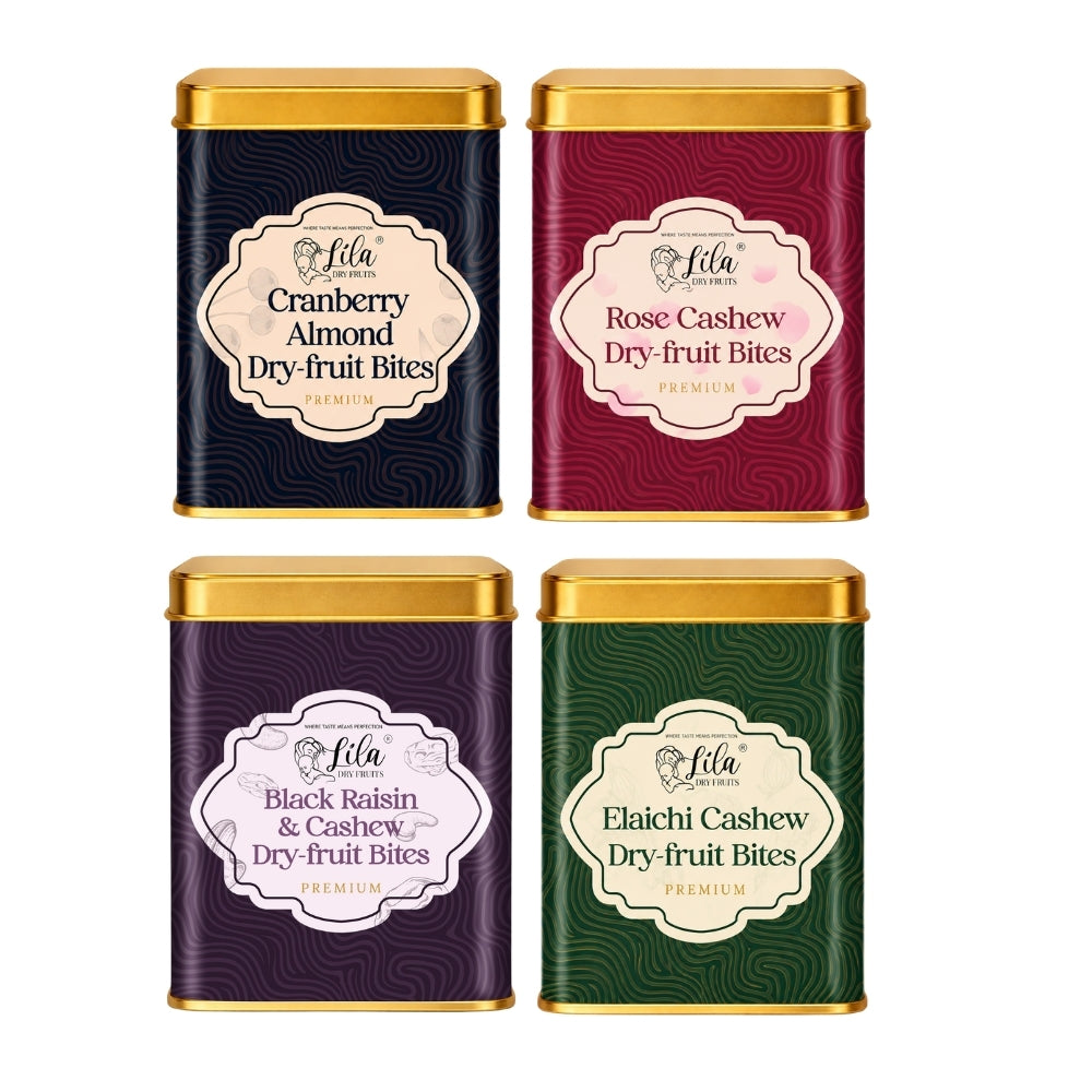 Lila Dry Fruits Date Bites Cranberry Almond, Rose Cashew, Black Raisin Cashew & Elaichi Cashew (Pack of 4)