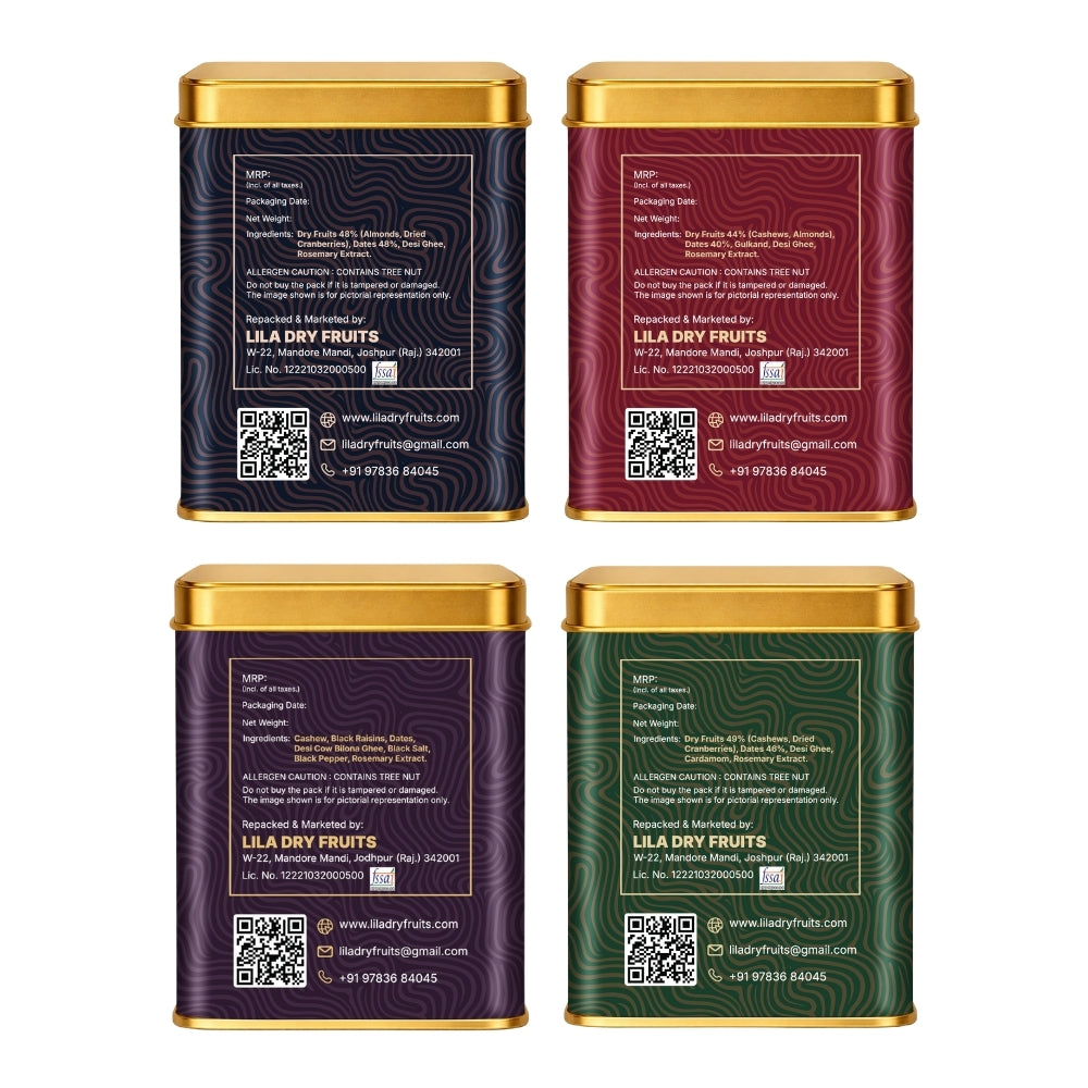Lila Dry Fruits Date Bites Cranberry Almond, Rose Cashew, Black Raisin Cashew & Elaichi Cashew (Pack of 4)