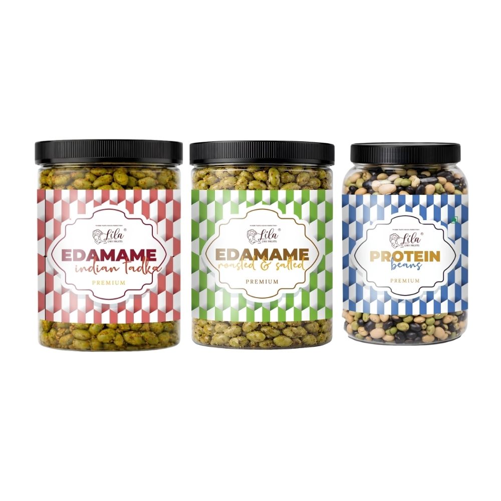 Lila Dry Fruits Premium Edamame 3 Flavours Combo – Indian Tadka, Roasted & Salted & Protein Beans (Pack of 3, 100g Each)