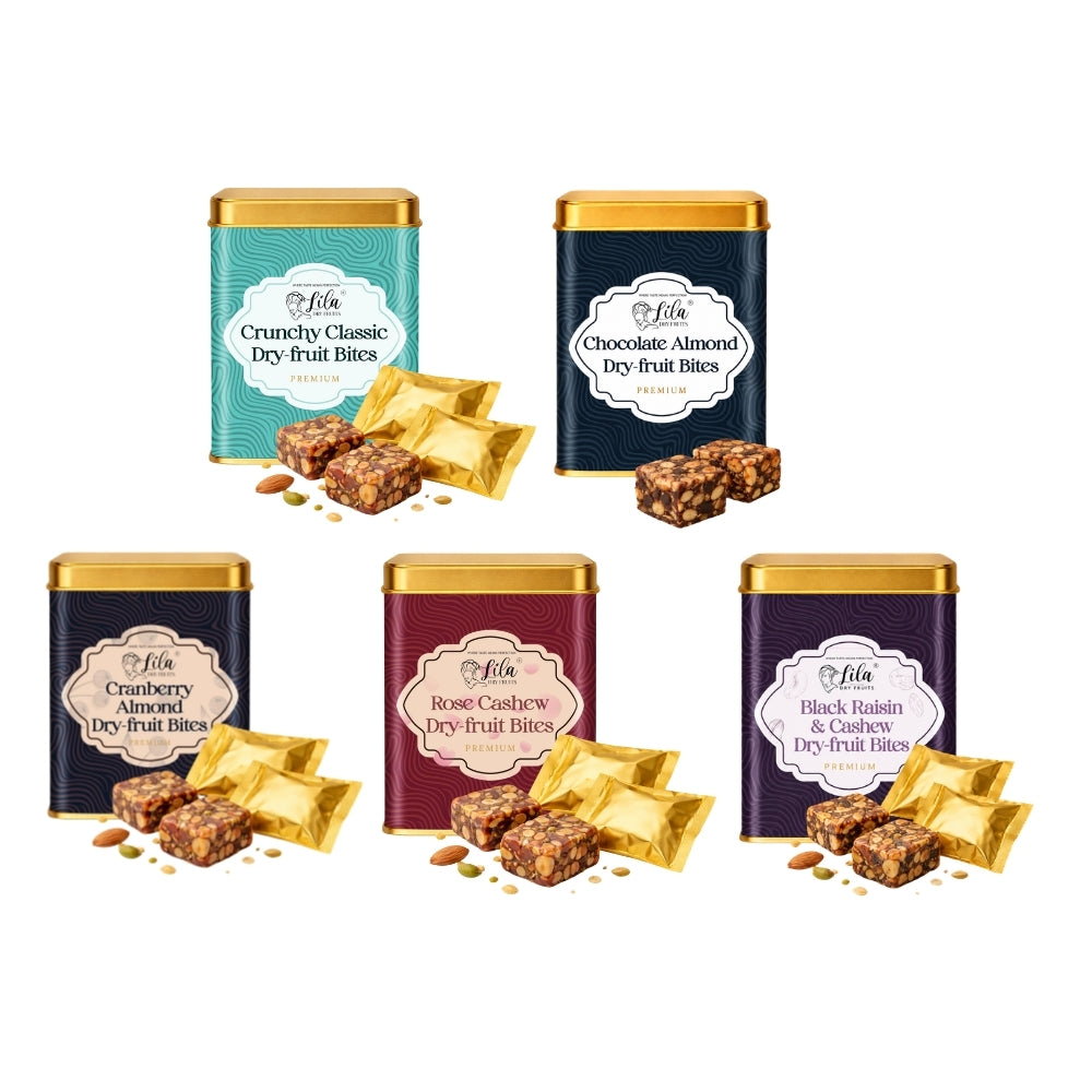 Lila Dry Fruits Date Bites Classic, Chocolate Almond, Cranberry Almond, Rose Cashew & Black Raisin Cashew (Pack of 5)
