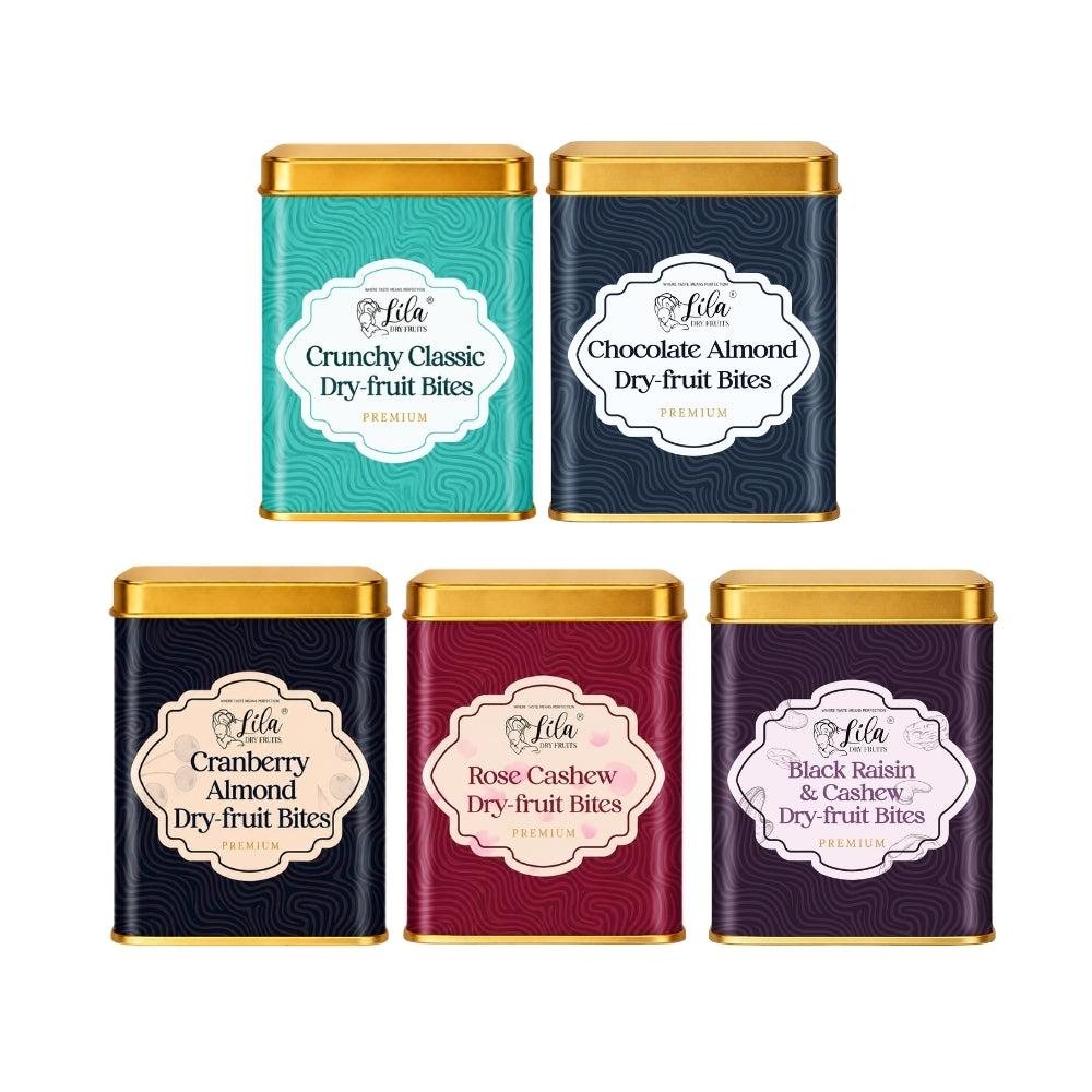 Lila Dry Fruits Date Bites Classic, Chocolate Almond, Cranberry Almond, Rose Cashew & Black Raisin Cashew (Pack of 5)