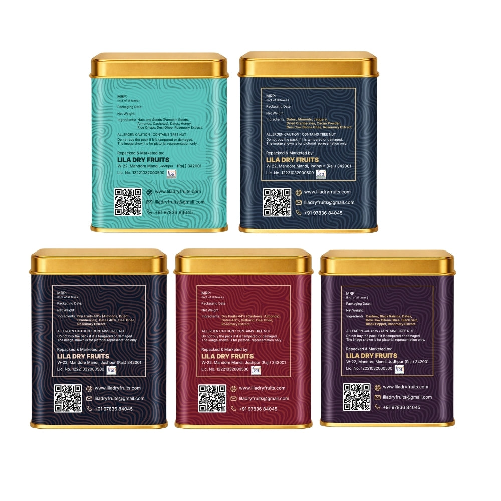Lila Dry Fruits Date Bites Classic, Chocolate Almond, Cranberry Almond, Rose Cashew & Black Raisin Cashew (Pack of 5)