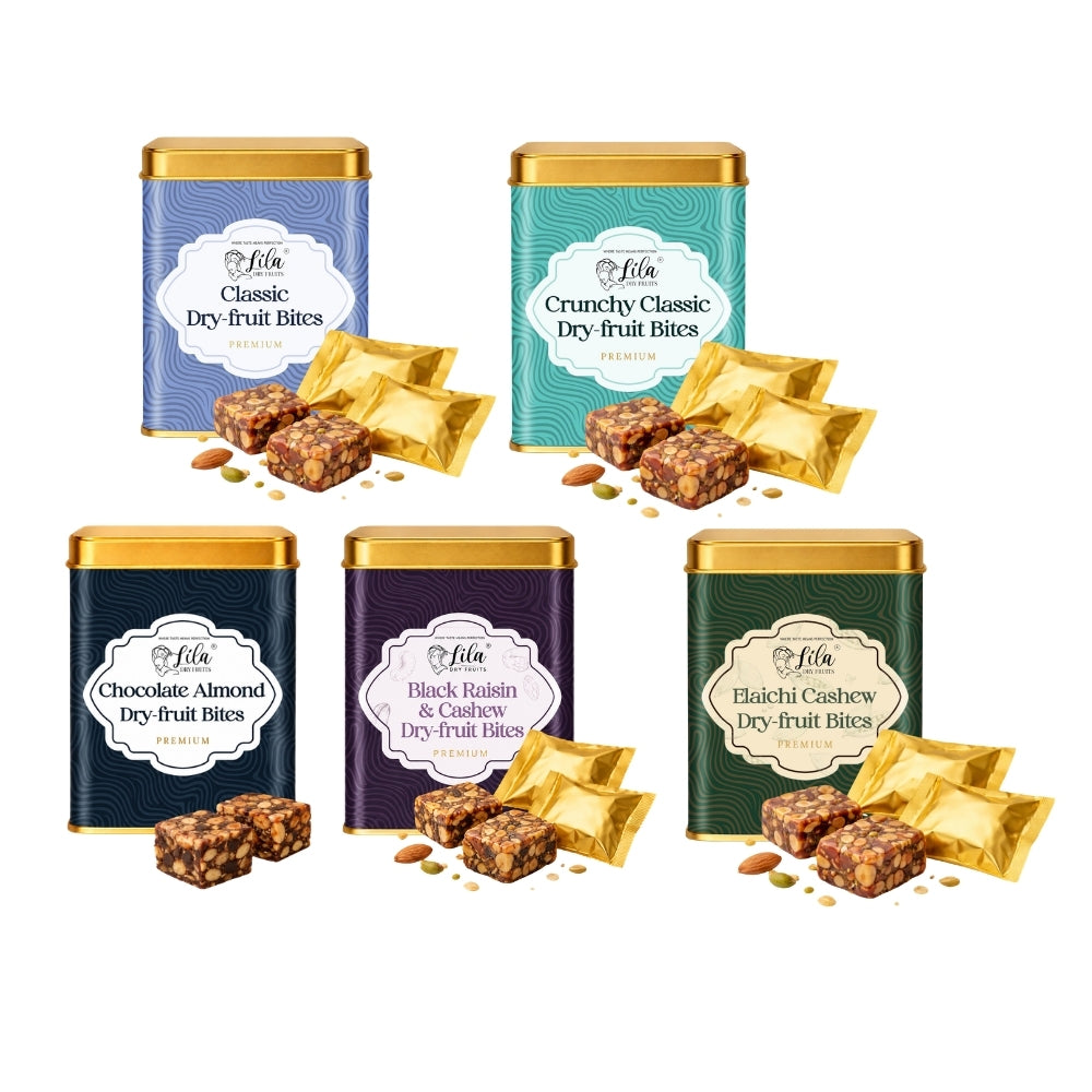 Lila Dry Fruits Date Bites Classic, Crunchy Classic, Chocolate Almond, Black Raisin Cashew & Elaichi Cashew (Pack of 5)
