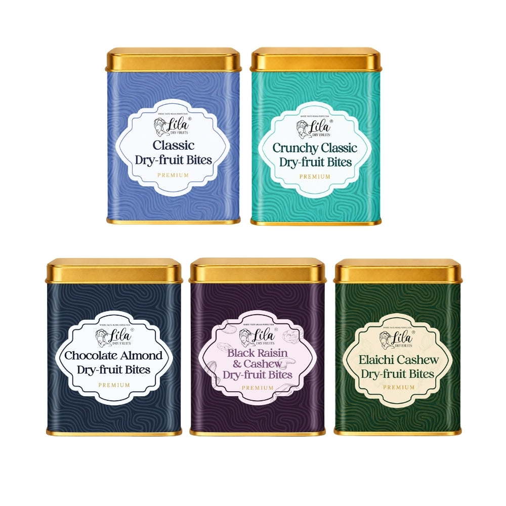 Lila Dry Fruits Date Bites Classic, Crunchy Classic, Chocolate Almond, Black Raisin Cashew & Elaichi Cashew (Pack of 5)
