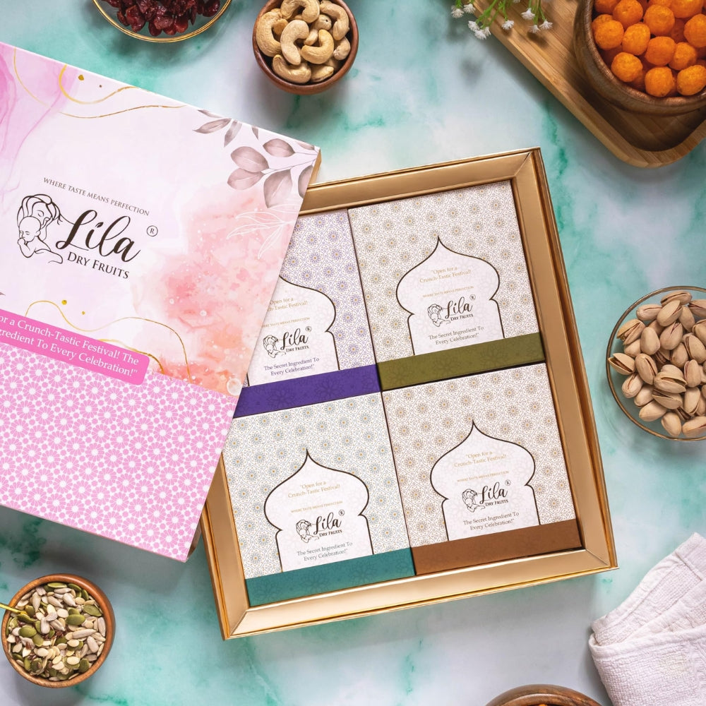 LILA DRY FRUITS Gift Hamper Roasted Cashew Almonds Seeds Mix Chatpata Cranberry | Combo Festive Gift Pack with Decorative Square Box Perfect For Gifting