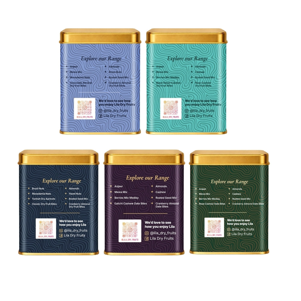 Lila Dry Fruits Date Bites Classic, Crunchy Classic, Chocolate Almond, Black Raisin Cashew & Elaichi Cashew (Pack of 5)