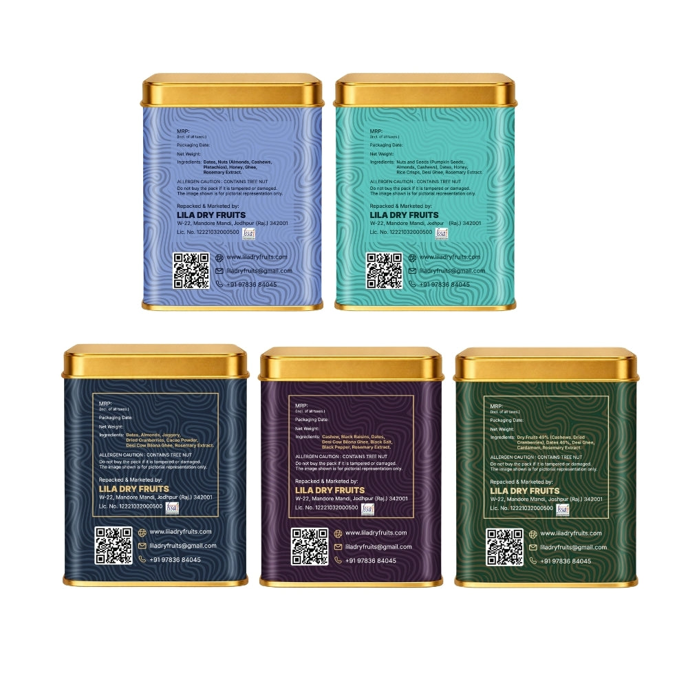Lila Dry Fruits Date Bites Classic, Crunchy Classic, Chocolate Almond, Black Raisin Cashew & Elaichi Cashew (Pack of 5)