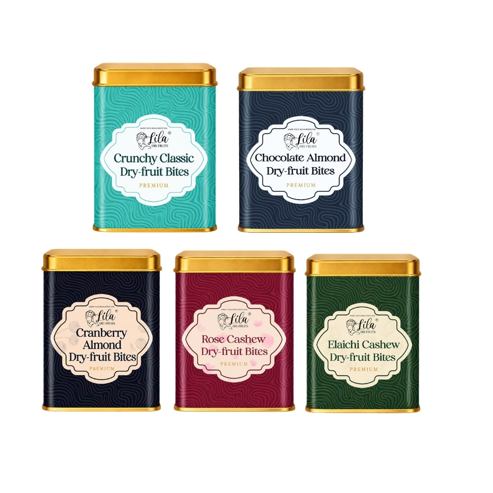 Lila Dry Fruits Date Bites Crunchy Classic, Chocolate Almond, Cranberry Almond, Rose Cashew & Elaichi Cashew (Pack of 5)
