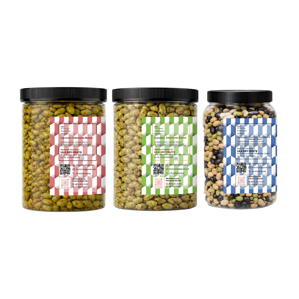 Lila Dry Fruits Premium Edamame 3 Flavours Combo – Indian Tadka, Roasted & Salted & Protein Beans (Pack of 3, 100g Each)