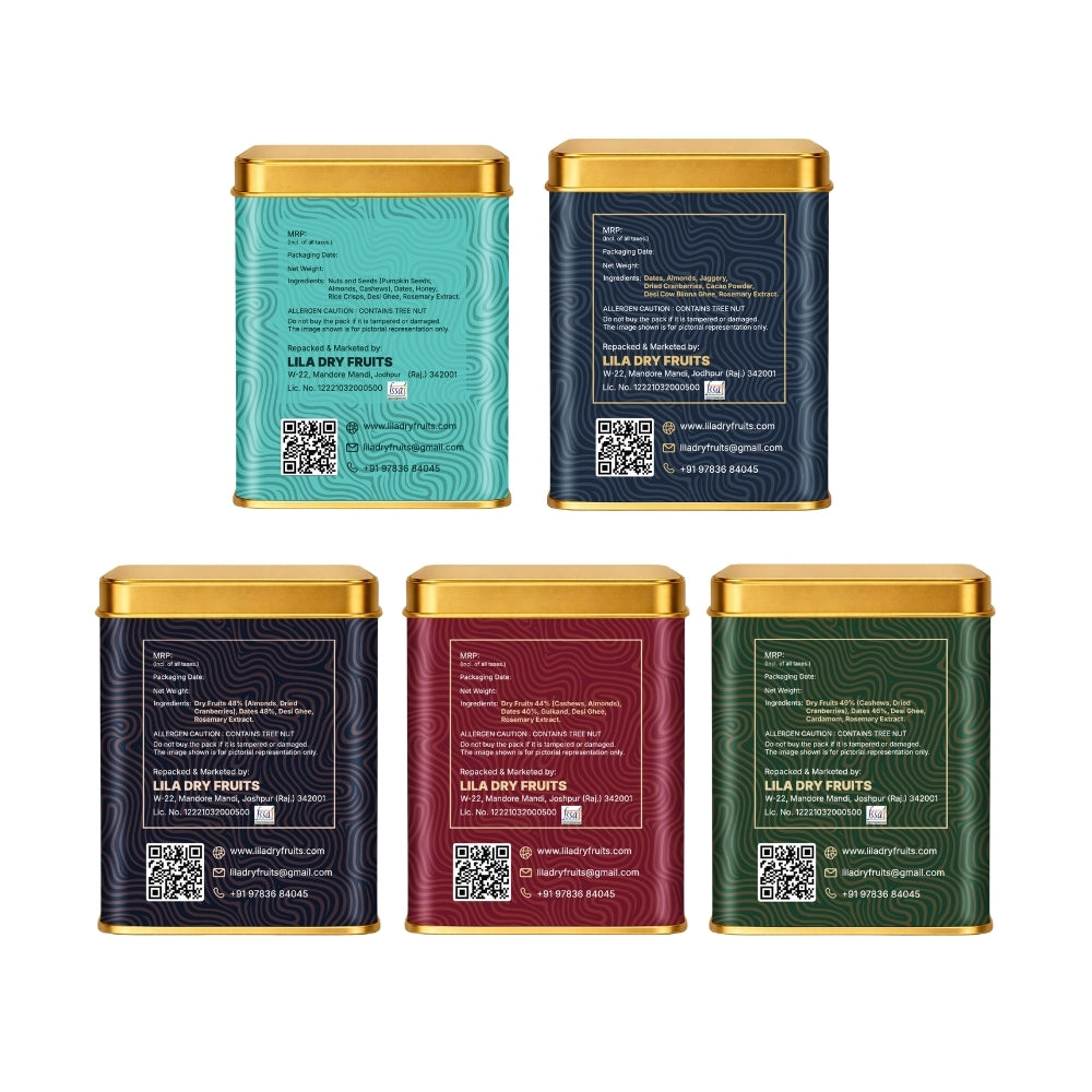 Lila Dry Fruits Date Bites Crunchy Classic, Chocolate Almond, Cranberry Almond, Rose Cashew & Elaichi Cashew (Pack of 5)