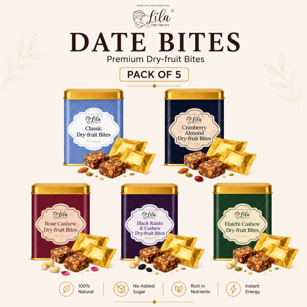 Lila Dry Fruits Date Bites Classic, Cranberry Almond, Rose Cashew, Black Raisin Cashew & Elaichi Cashew (Pack of 5)