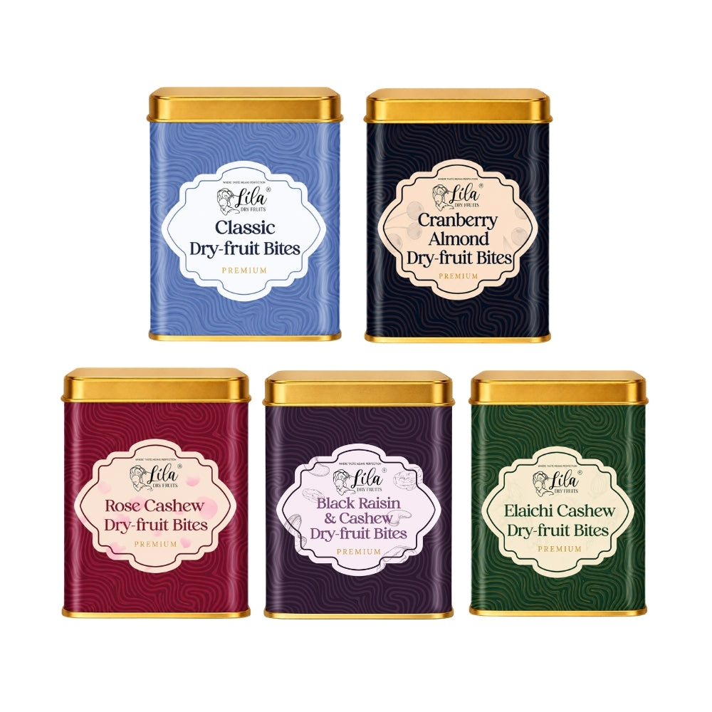 Lila Dry Fruits Date Bites Classic, Cranberry Almond, Rose Cashew, Black Raisin Cashew & Elaichi Cashew (Pack of 5)