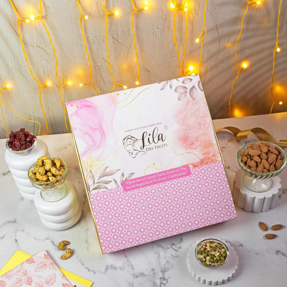 LILA DRY FRUITS Gift Hamper Roasted Cashew Almonds Seeds Mix Chatpata Cranberry | Combo Festive Gift Pack with Decorative Square Box Perfect For Gifting