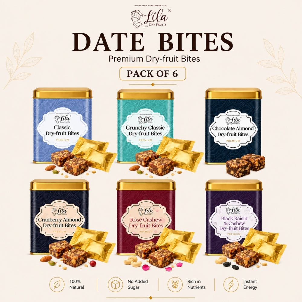 Lila Dry Fruits Date Bites Classic, Crunchy Classic, Chocolate Almond, Cranberry Almond, Rose Cashew & Black Raisin Cashew (Pack of 6)