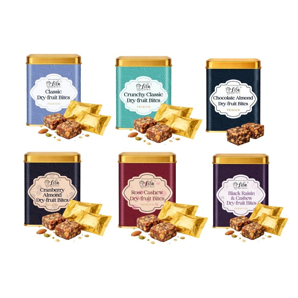 Lila Dry Fruits Date Bites Classic, Crunchy Classic, Chocolate Almond, Cranberry Almond, Rose Cashew & Black Raisin Cashew (Pack of 6)