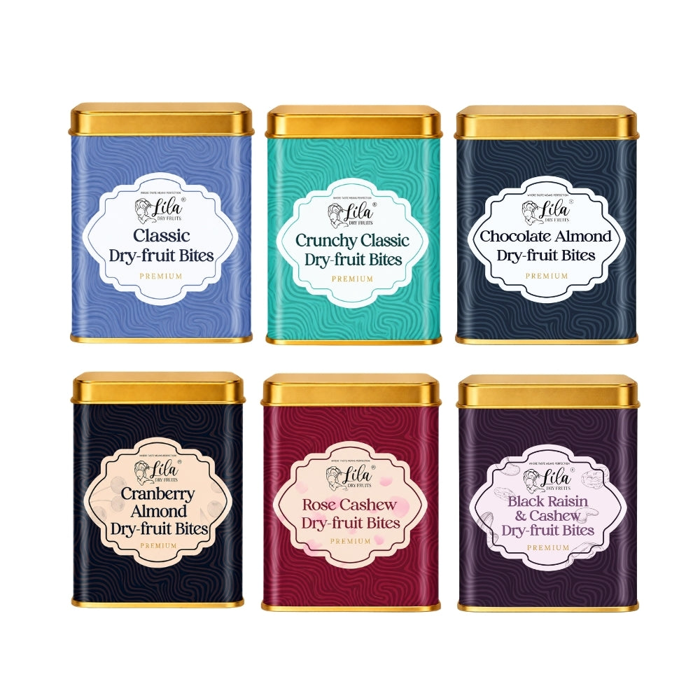 Lila Dry Fruits Date Bites Classic, Crunchy Classic, Chocolate Almond, Cranberry Almond, Rose Cashew & Black Raisin Cashew (Pack of 6)