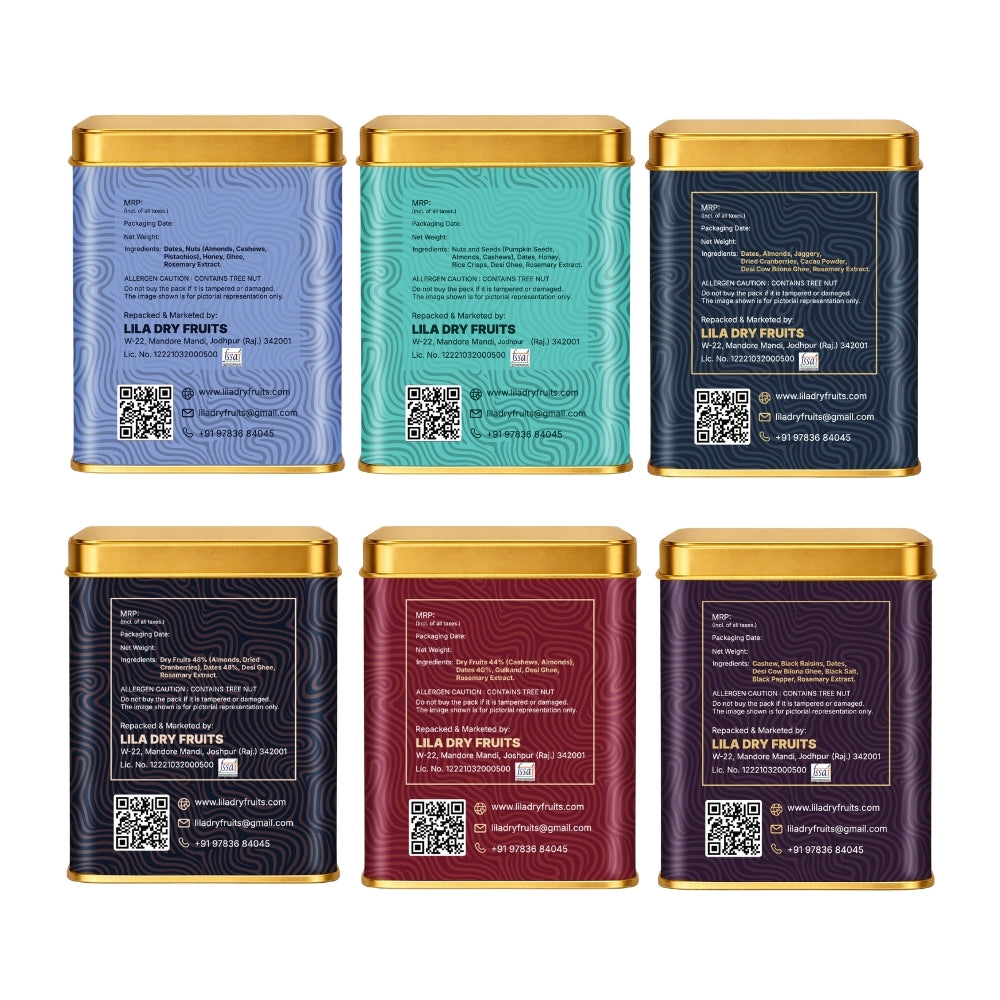 Lila Dry Fruits Date Bites Classic, Crunchy Classic, Chocolate Almond, Cranberry Almond, Rose Cashew & Black Raisin Cashew (Pack of 6)