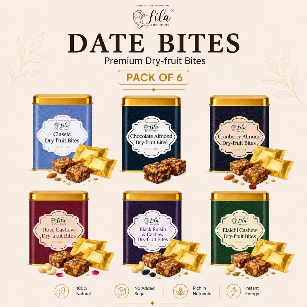Lila Dry Fruits Date Bites Classic, Chocolate Almond, Cranberry Almond, Rose Cashew, Black Raisin Cashew & Elaichi Cashew (Pack of 6)