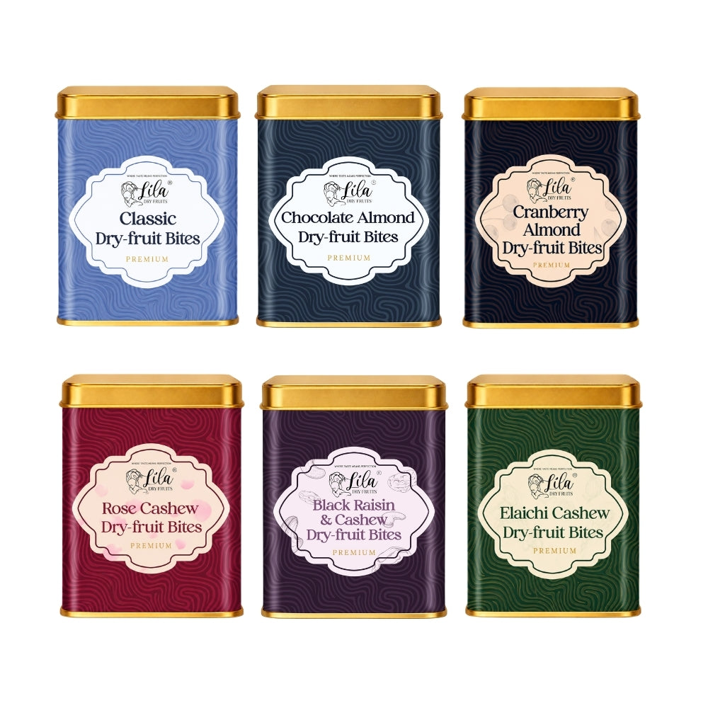 Lila Dry Fruits Date Bites Classic, Chocolate Almond, Cranberry Almond, Rose Cashew, Black Raisin Cashew & Elaichi Cashew (Pack of 6)