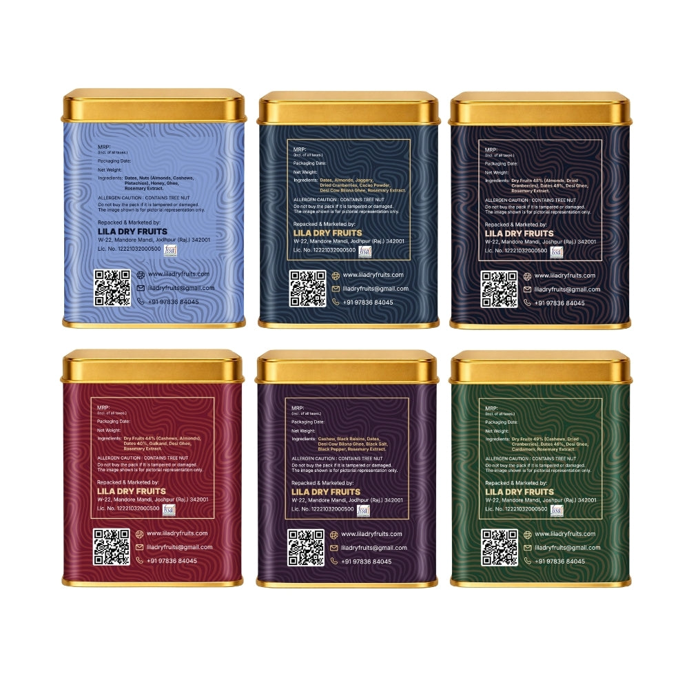 Lila Dry Fruits Date Bites Classic, Chocolate Almond, Cranberry Almond, Rose Cashew, Black Raisin Cashew & Elaichi Cashew (Pack of 6)