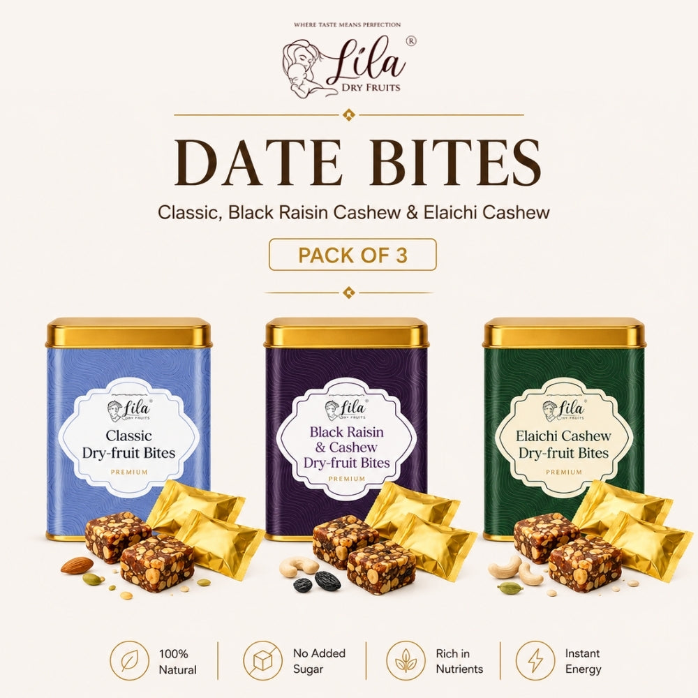 Lila Dry Fruits Date Bites Classic, Black Raisin Cashew & Elaichi Cashew (Pack of 3)