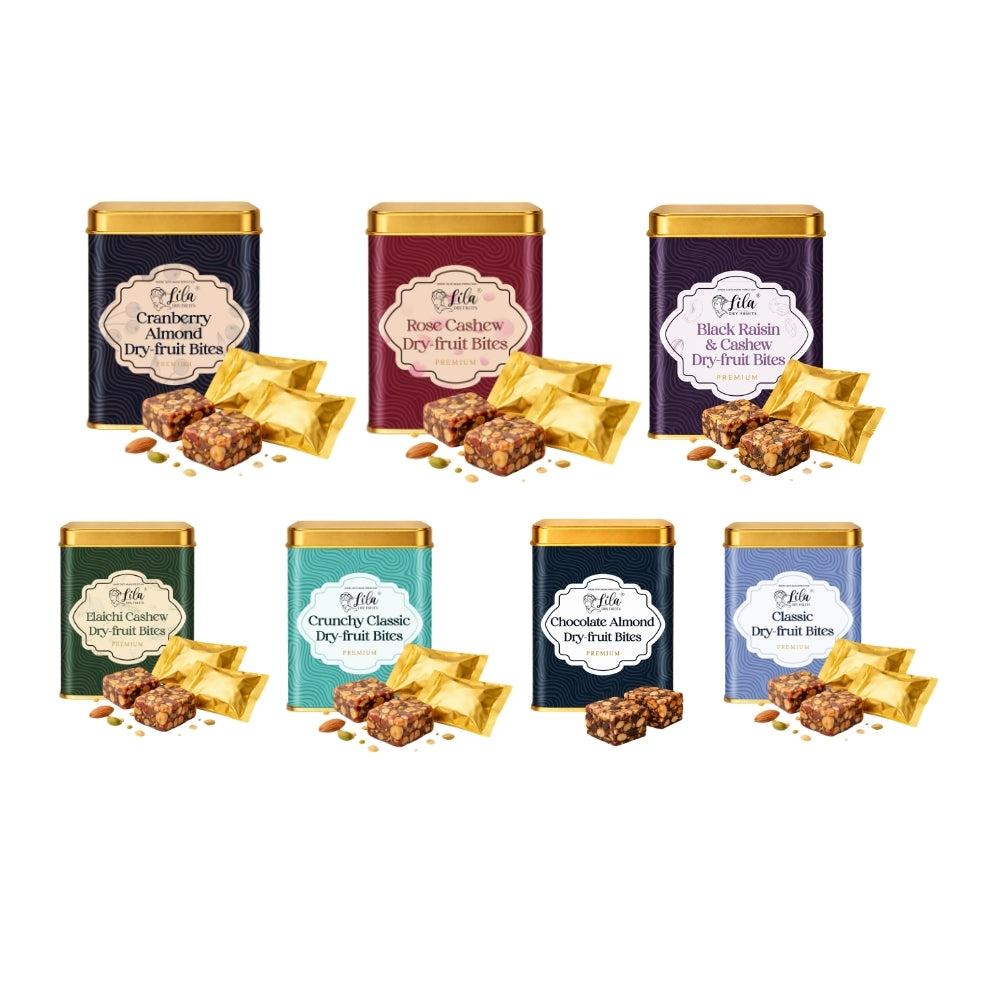 Lila Dry Fruits Date Bites Classic, Crunchy Classic, Chocolate Almond, Cranberry Almond, Rose Cashew, Black Raisin Cashew & Elaichi Cashew (Pack of 7)
