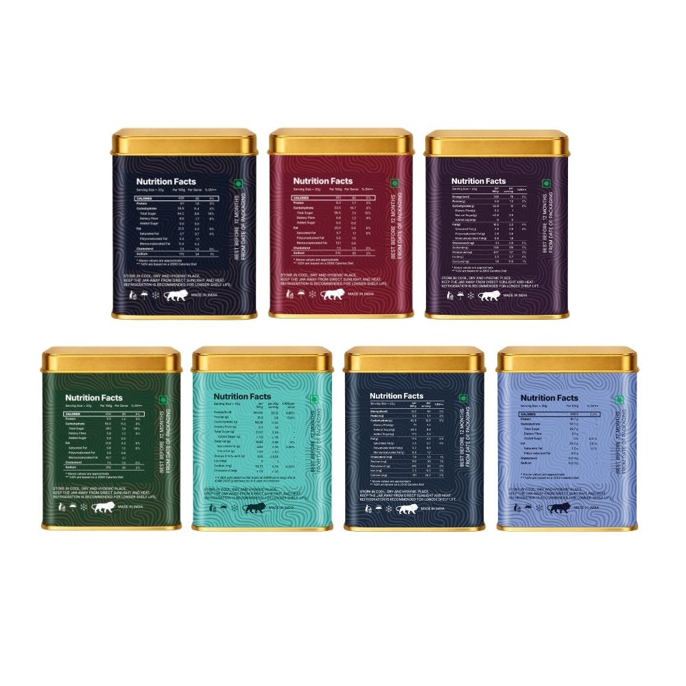 Lila Dry Fruits Date Bites Classic, Crunchy Classic, Chocolate Almond, Cranberry Almond, Rose Cashew, Black Raisin Cashew & Elaichi Cashew (Pack of 7)