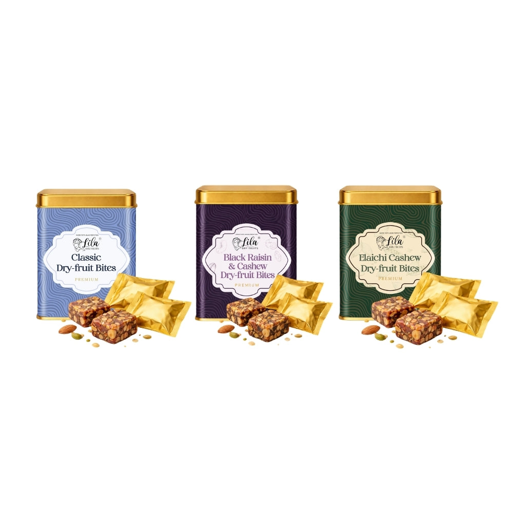 Lila Dry Fruits Date Bites Classic, Black Raisin Cashew & Elaichi Cashew (Pack of 3)