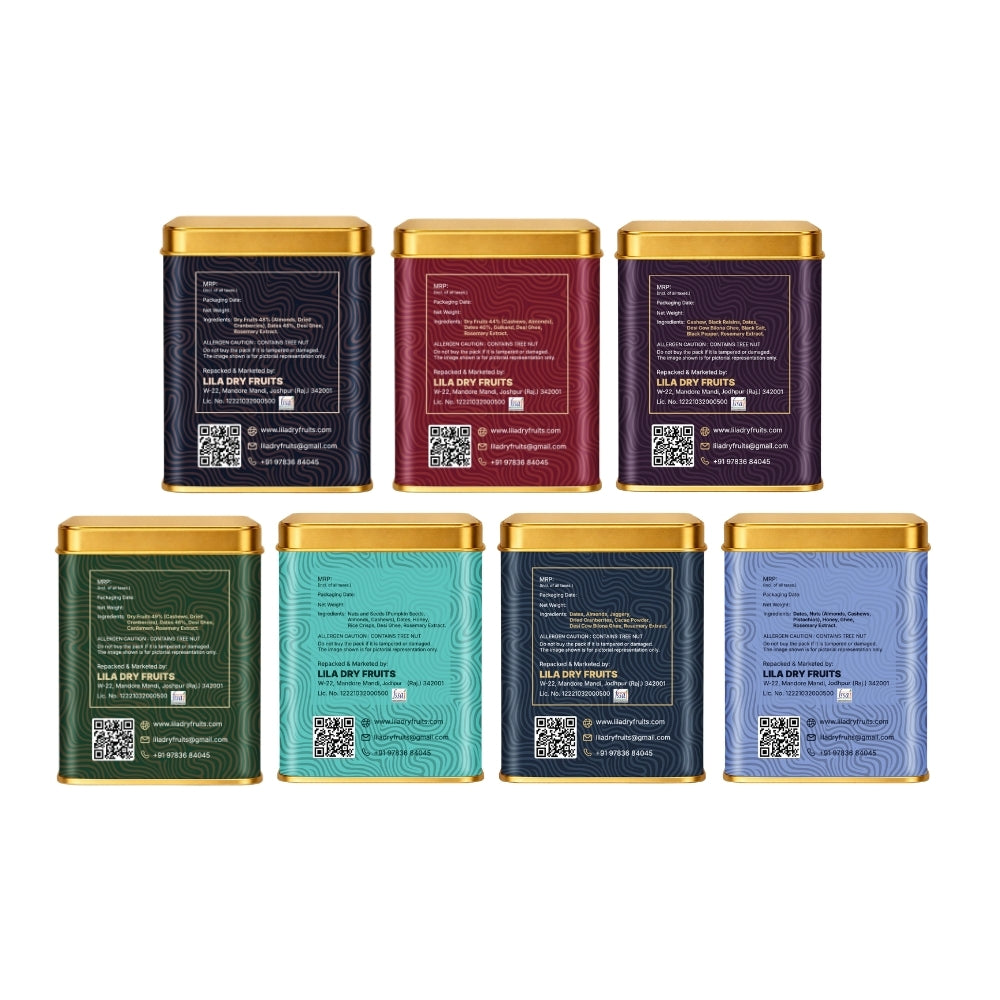 Lila Dry Fruits Date Bites Classic, Crunchy Classic, Chocolate Almond, Cranberry Almond, Rose Cashew, Black Raisin Cashew & Elaichi Cashew (Pack of 7)