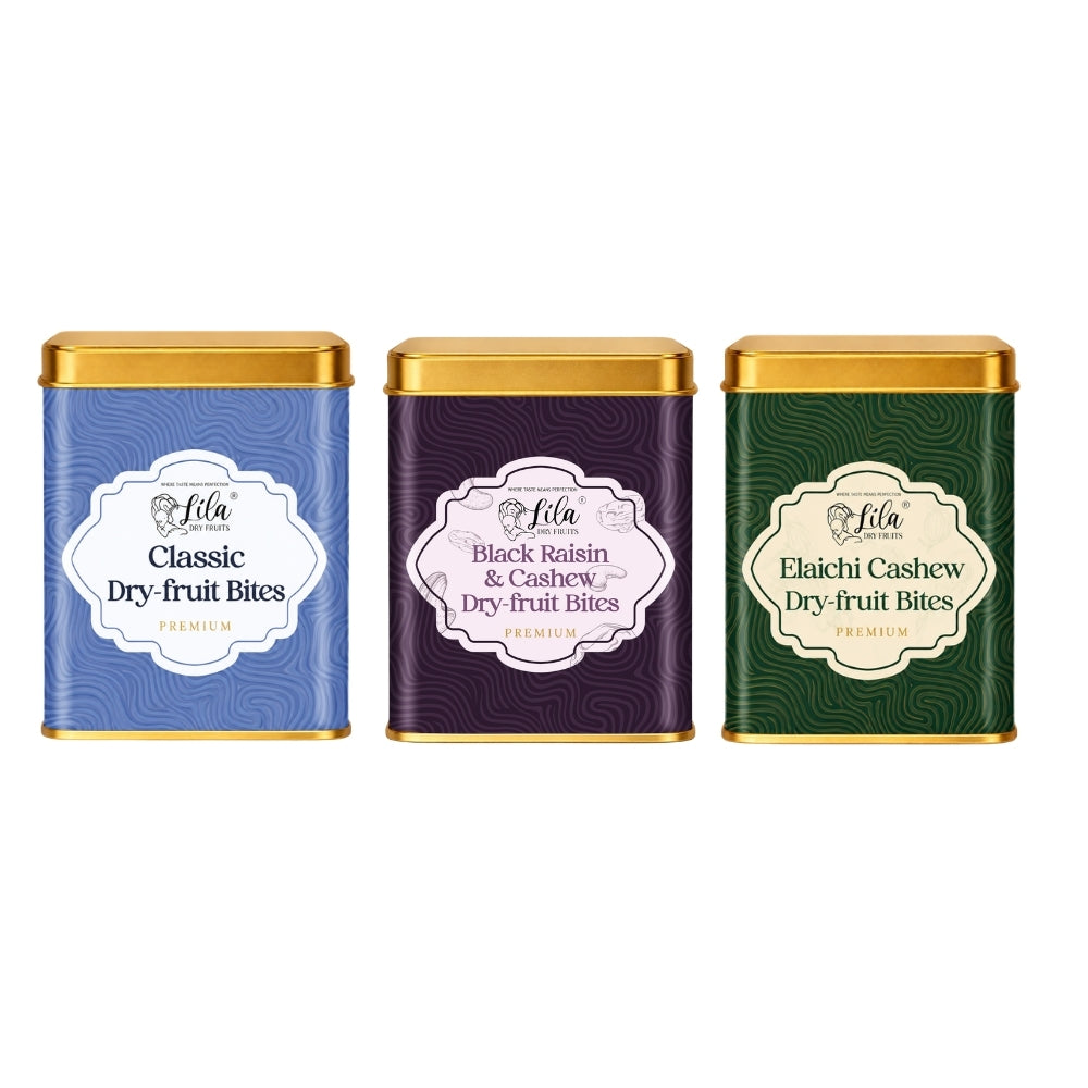 Lila Dry Fruits Date Bites Classic, Black Raisin Cashew & Elaichi Cashew (Pack of 3)