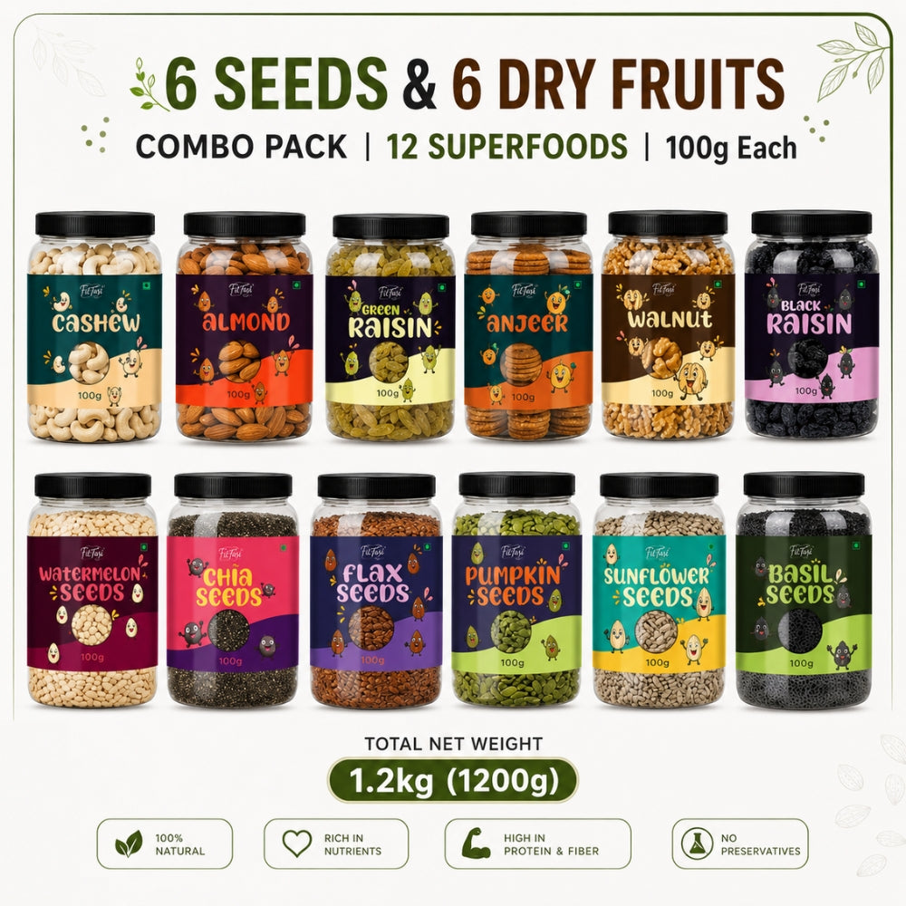 6 Seeds & 6 Dry Fruits Combo Pack | 12 Superfoods | 100g Each | Almonds, Cashews, Walnuts, Raisins, Anjeer & Black Raisins Healthy Seeds & more