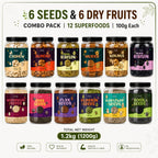 6 Seeds & 6 Dry Fruits Combo Pack | 12 Superfoods | 100g Each | Almonds, Cashews, Walnuts, Raisins, Anjeer & Black Raisins Healthy Seeds & more