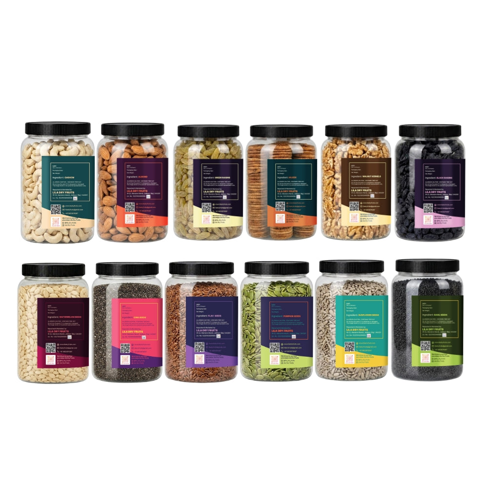 6 Seeds & 6 Dry Fruits Combo Pack | 12 Superfoods | 100g Each | Almonds, Cashews, Walnuts, Raisins, Anjeer & Black Raisins Healthy Seeds & more