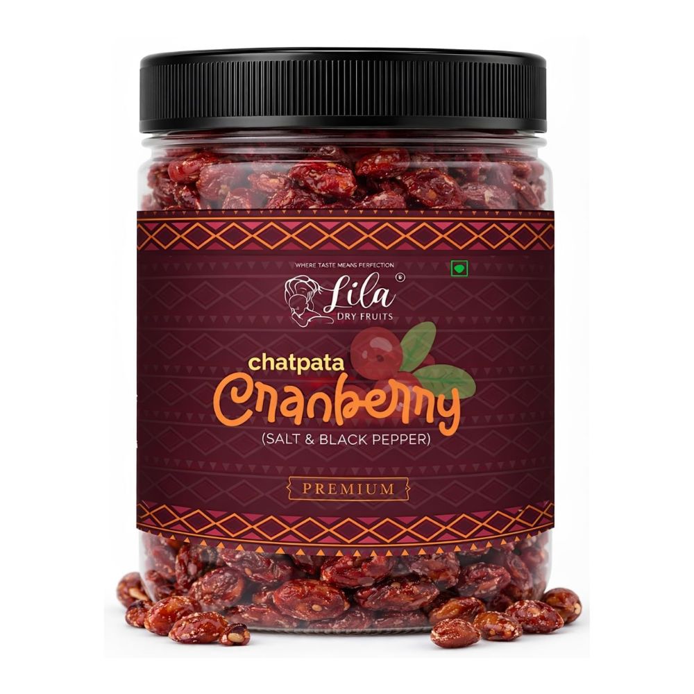 LILA DRY FRUITS Flavoured Cranberries with Black Pepper & Pink Salt Dried Cranberry Snack Tangy Spicy Cran Berries for Healthy Snacking & Munching Perfect for Gifting
