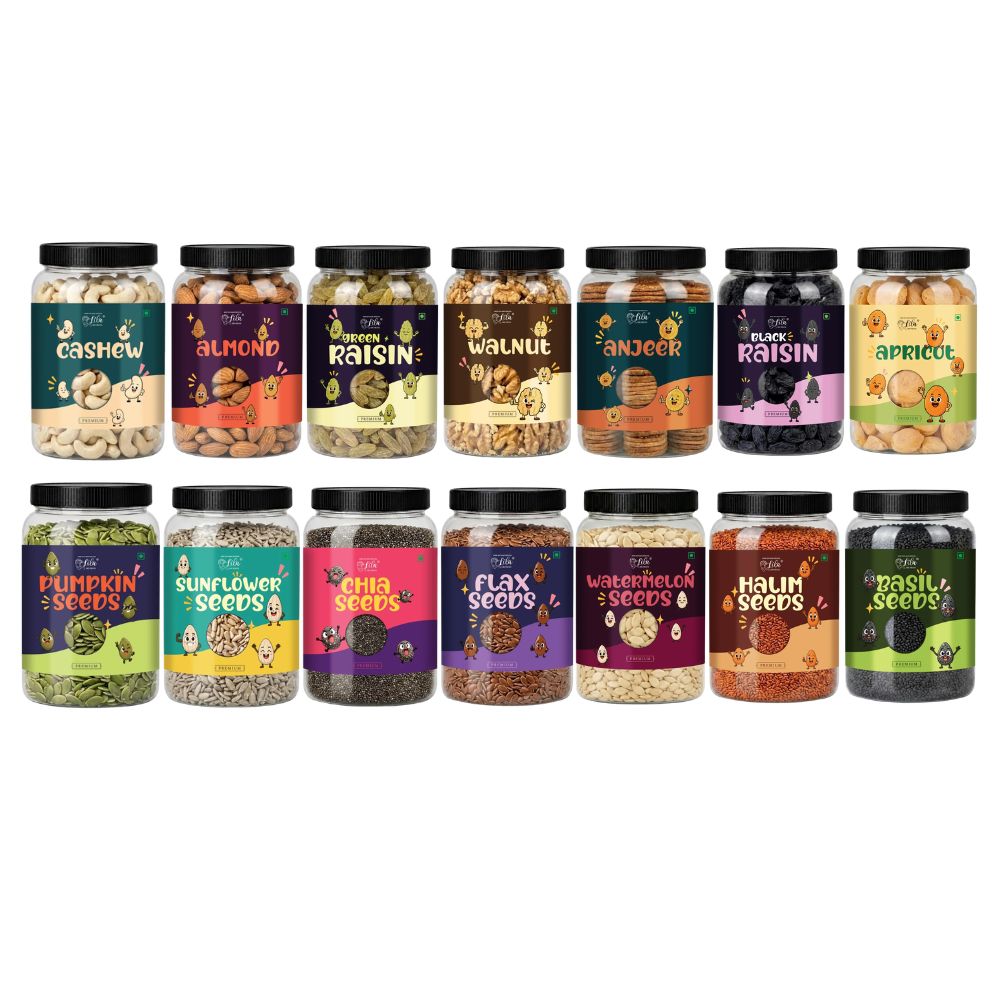 7 Seeds & 7 Dry Fruits Combo Pack (100g Each) – Cashew, Almonds, Raisins, Walnut, Anjeer, Black Raisins, Apricots, Pumpkin Seeds, Sunflower Seeds, Chia Seeds, Flax Seeds, Watermelon Seeds, Basil Seeds & Halim Seeds