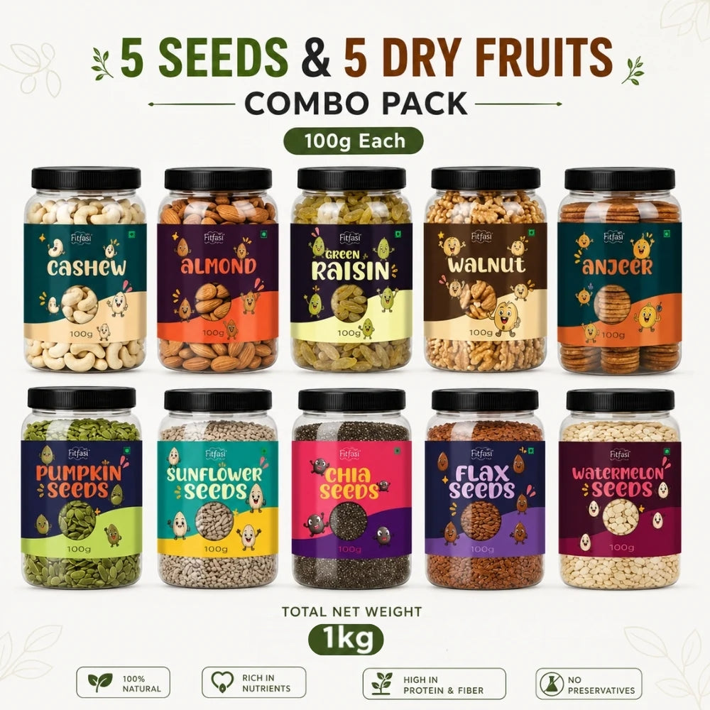5 Seeds & 5 Dry Fruits Combo Pack – 100g Each | Cashew, Almond, Raisins, Walnut, Anjeer, Pumpkin, Sunflower, Chia, Flax & Watermelon Seeds | Healthy Superfood Mix
