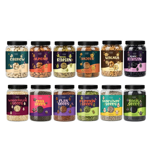 6 Seeds & 6 Dry Fruits Combo Pack | 12 Superfoods | 100g Each | Almonds, Cashews, Walnuts, Raisins, Anjeer & Black Raisins Healthy Seeds & more