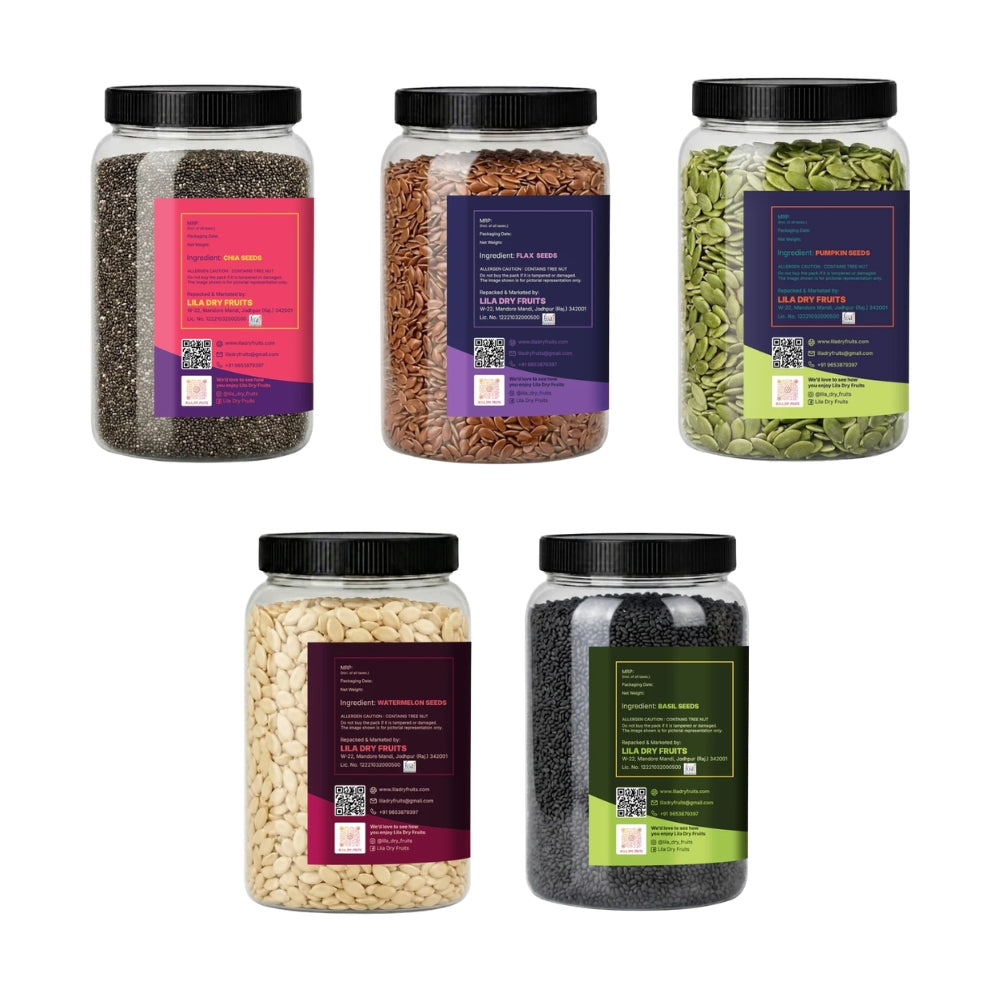 6 Premium Seeds Combo (200g Each) | Chia, Flax, Pumpkin, Sunflower, Watermelon & Basil Seeds | Total 1.2kg