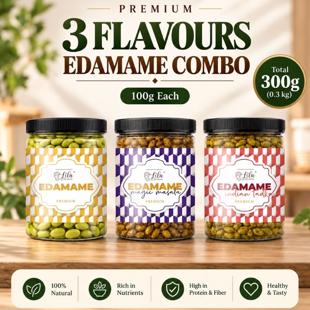 Lila Dry Fruits Premium Edamame 3 Flavours Combo – Classic, Magic Masala & Indian Tadka (Pack of 3, 100g Each)